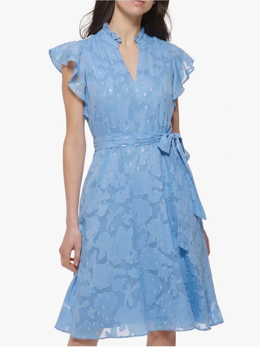 Jessica Howard Blue Chiffon Floral Shimmer Fit &Flare Midi Dress Petite NWT - Picture 1 of 6